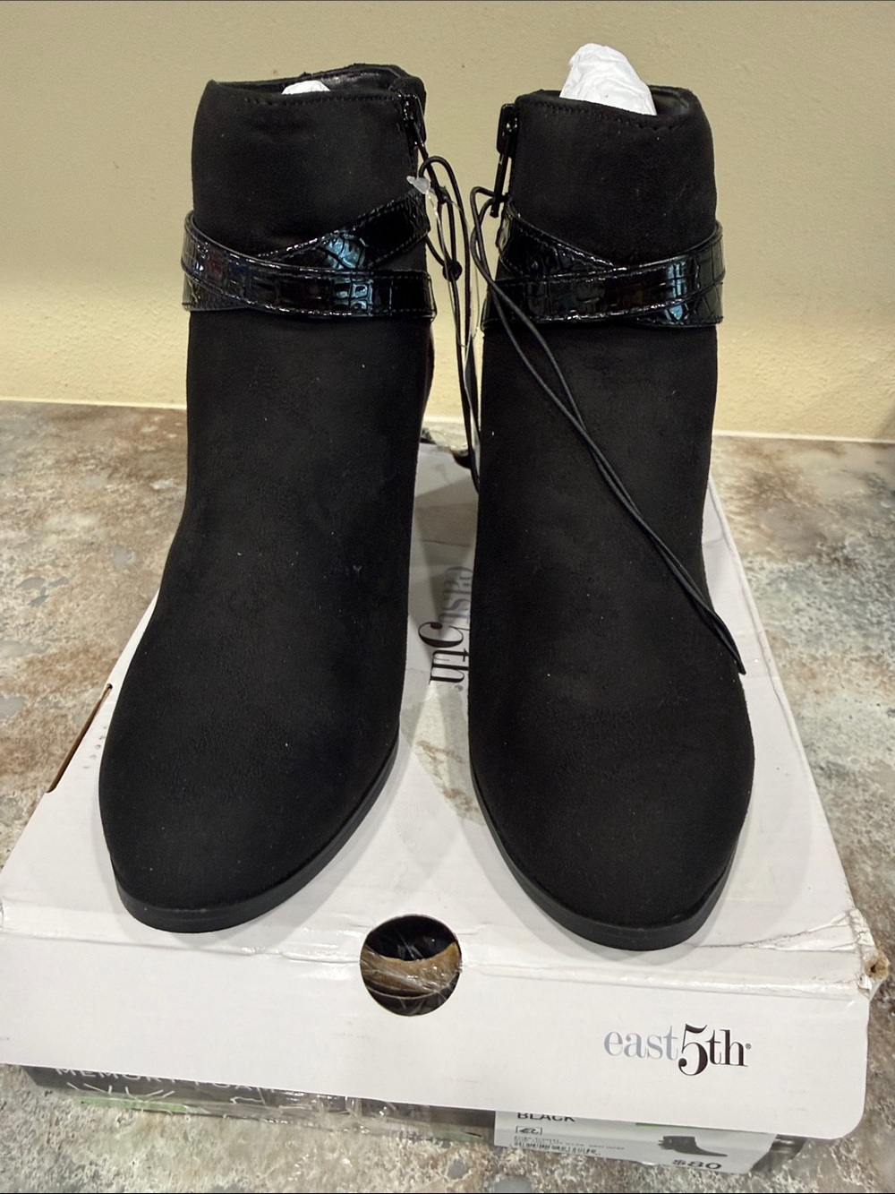 East 5th Black Suede-Look Ankle Booties with Patent Strap